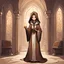 Placeholder: Abbess Iraldine is a breton priestess in a simple tan and brown robe with a hood and is in the sanctuary of St. Pelin's Chapel, in chibi art style