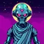 Placeholder: 8 bit pixelart of a terminator like robot, synthwave colored, vaporware, budist monk robe