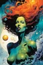 Placeholder: create an imaginative amorphous female extraterrestrial being with finely detailed facial features, sinuous tentacle hair, amidst the exploding chaos of a dying star, in the comic book art style of Bill Sienkiewicz, Mike Mignola, and Jean Giraud Moebius, finely textured, drawn, colored, and inked