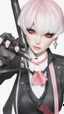 Placeholder: A close picture to blind vampire with white and pink short hair, slave, Tusks, malicious smile, Handcuffs, Weapon handcuffs in Stop-motion animation model with dynamic art style witg