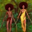 Placeholder: Biologically Female Twins, black skin, tall and slender, long afro kinky hair,big brown eyes, warrior wear. Gold accents on clothing. Surround by trees. Holding golden spears. Starry night