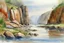 Placeholder: River scene by cliffs in wet watercolour