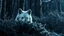 Placeholder: white wolf with yellow eyes made of ice peeking out of a bush in a forest at night, photorealistic