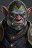 Placeholder: Portrait of an old half-orc, malevolent look, blue eyes, salt and pepper hair, wearing and heavy armor