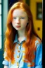 Placeholder: pretty girl, aged 13, ginger, conventionally attractive, realism, dreamy, tight top, bright clothes, full length