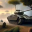 Placeholder: Ralph mcquarrie painting of a Futuristic armored tank With treads in the jungle with jets flying overhead, 4k, highly detailed, minutiae, trail, boulders, headlights