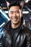 Placeholder: Smiling Male Half-Asian actor with cat ears in a leather jacket, on a spaceship deck