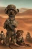 Placeholder: A soldier dog dressed in military combat uniform fighting another soldier dog in the hot desert landscape, digital illustration portrait, dog's face is snarling, aggressive, angry, Craig Miller , futuristic, pulp fiction graphic novel style, hyperrealism, photorealism