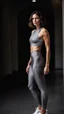 Placeholder: photography of a beautiful anorexic woman, grey satin triathlon top, brunette wavy bob haircut, flat chest, grey satin cycling leggins