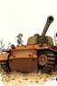 Placeholder: A small girl and boy playing and smiling by climbing on drawn of a rusty old abandoned tank in a 70's illustration style with tin tin out of it