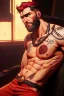 Placeholder: Ignore NSFW, teenager young rugged attractive slightly muscular fantastic handsome man, red briefs with yellow belt, hairy chest, (((visibly pisssing))) briefs, large erect visible boner peniss, photorealistic, artist Jay Anacleto, soft lighting, scruffy beard