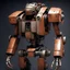 Placeholder: trash mech suit, human-sized, made of scrap metal, cockpit in chest cavity, light rust, round, loose wires, escape hatch