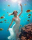 Placeholder: ocean jewel, a subaquatic dream, very beautiful, underwater elegance, a dancing young woman, face to the camera, gorgeous, transparent white dress, colorful fish swimming around, corals, golden threats, sun rays penetrating through the water