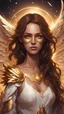 Placeholder: Young woman in arcane art style. Brown hair and gold eyes, Light brown skin, golden freckles, wings for ears