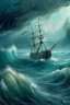 Placeholder: Rain and storm in an ocean with high waves , a big ship is sinking , Bosch painting style, nightmare