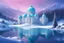 Placeholder: in a snowy, magical and luminous landscape in the foreground a lot of very small and delicate pink and white flowers, a magnificent palace with roofs made with cristal and transparent dome and clear turquoise walls, bright,fir trees,, in the foreground icy lake of turquoise water,in front of the lake , magical and sweet atmosphere, in the background snowy mountains, dark blue sky with stars, light particles and a small planet, stars in the sky, little particles of light everywhere