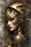 Placeholder: Psycodelic 8k subrealist artwork in the Luis Royo style, featuring a unreal dimension grafitti style with intricate derails stunning female superstar cubism jewles if gold , diamonds and blood half-human and half-android.