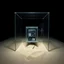 Placeholder: A photo of a dark, closed environment in a dark closed space. At the center, a transparent structure made of plastic encloses some electronical devices. The surface below appears to be sandy, with small accumulations of sand. In the background, other forms or structures are visible, some of which are thin and transparent. The photo was taken with a Hasselblad H6D 400c camera.