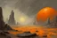 Placeholder: Grey sky with one orange distant planet in the horizon, rocks, mountains, 80's sci-fi movies influence, friedrich eckenfelder impressionism paintings