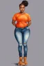 Placeholder: Create a watercolor image of a curvy black female wearing tight cut up jeans and a orange tshirt with timberland boots. Prominent make up with hazel eyes. Highly detail two cornrows going down her head.