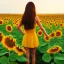 Placeholder: woman standing in sunflower field, back view, wind, long brown hair, yellow dress