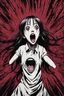 Placeholder: Petit woman with rare eyes, weird pose, fullbody, screaming, tears, Junji Ito style, darkred tones,