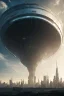 Placeholder: <@1070343311166017606>: Enormous alien mothership looming over a futuristic city skyline, Imposing presence, extraterrestrial invasion, awe- inspiring scale, ominous atmosphere, desperate resistance, hyperdetailed, story telling, moody, cinematic view, hyperrealistic, scifi movie scene,in a four dimension environment