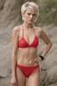 Placeholder: full body image - Blonde hair, Blue eyes, short, pixie-cut hair, tapered on the sides, sports illustrated red lace string bikini model - 32k, UHD, full color professional quality digital photograph