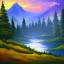 Placeholder: bob ross, painting, faraway mountains, misty peaks, forest-covered hills, valley,