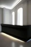 Placeholder: A reception desk with black walls, a white floor, and hidden or rich lighting, and it is suitable for a museum