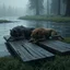 Placeholder: realistic 3d one dark gray and one brown fantasy anthropomorphic wolf-human hybrids creature in body hair lie exhausted and wet on their stomachs on two wooden boards next to a deep river, on the opposite bank in the distance, hour-long, thick-trunk trees are faintly visible, grass, mud, rain, high realistic, detailed, cinematic, sci-fi, digital art, dark fantasy mood