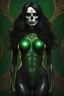 Placeholder: inspired by all the works of art in the world - A Fantastical Heavy Metal Rock and Roll Comedy in 3 notes - Zym Fandell, an extremely tiny, thin, voluptuous beautiful skull-faced Green Martian female with long, black hair, full body image, wearing a skinsuit, Absolute Reality, Reality engine, Realistic stock photo 1080p, 32k UHD, Hyper realistic, photorealistic, well-shaped, perfect figure, perfect face, a multicolored, watercolor stained, wall in the background, hickory dickory Clock