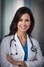 Placeholder: portrait of a kindly faced 40 year old female doctor with dark hair and a smiling expression