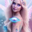 Placeholder:  beautiful, soft, whide smile face,whole head, long blonde straight hair, blue eyes, fairy wings on the back, transparent crystal blue and pink clothes, background blue and pink, big definition, 8K