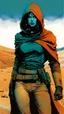 Placeholder: create a fine art print full body illustration of a rugged gritty, roughly textured, hooded, Fremen female mercenary with highly detailed feminine facial features, amidst the swirling desert sands of Arrakis, in the comic book art style of Bill Sienkiewicz, and Jean Giraud Moebius, finely textured, drawn, colored, and inked,