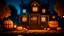 Placeholder: Halloween pumpkins and decorations outside a house. Night view of a house with halloween decoration, digital ai