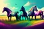 Placeholder: illustration fantasy horses of different colors in a field from afar