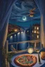 Placeholder: It's a starry night, with a luminous crescent moon, and from the balcony of an elegant luxury apartment, a view of a city with a hill and a river, lights in the windows of the houses. On the balcony, a dining table with a tray with a bird pattern, pizza and wine in starlight