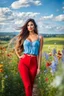 Placeholder: beautiful lady in nice red short top and blue pants with curvy long hair,perfect face,perfect eyes,country side,wild flowers ,blue sky nice clouds, long shot