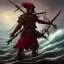 Placeholder: a pirate warrior in dark red full armor and mask, on his ship, a highly detailed illustration, background of giant crashing ocean waves, realistic render, 8 k, micro detail, intricate, elegant, centered, digital painting, Artstation, smooth, sharp focus, illustration, artgerm, tomasz alen kopera, peter mohrbacher, donato giancola, joseph christian leyendecker, wlop, boris vallejo