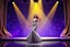 Placeholder: modern stage with gray-dark yellow blueish violet theme artistic decoration , color full dynamic lighting, a beautiful lady in maxi dress with shining silver jewels ,curvy long hair,dancing, 3D recursive fractal structure animating background