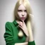 Placeholder: girl green sweater blonde hair with pan in the hand