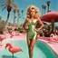 Placeholder: [high res photo by Gilligans Island] In the dazzling city of Las Vegas, Clad in a short green dress that sparkles under the desert sun, Barbarella finds herself in a most curious setting—a pink swimming pool teeming with flamingos and bananas, ready to fight, in dust, rust and blood, her body is covered with cartridge belts