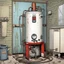 Placeholder: water heater, front view, comic book, cartoon,, used, dilapidated,