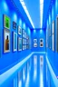 Placeholder: A museum of paintings with blue walls and a white floor