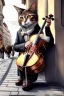 Placeholder: One single mature cat playing violin on the street, Vienna, happy, model style, hyper realistic, extremely accurate, delicate, extremely detailed, Graphic novel style, wide-angle, open aperture, superfine pencil