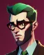 Placeholder: Fit man in round glasses, wavy hair, stubble, slim, tie, monotone, green eyes, comic book style, two tone colours, detailed, ink, realistic, handsome, square jaw, big brows, no jacket, bird on the shoulder, spotlight