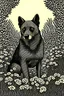 Placeholder: un perro dorgi en medio de un jardín lleno de flores en xilografía de duotono