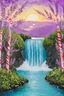 Placeholder: Lavender Sunrise over the turquoise waterfall by magic trees made with candy cane trunks with pastel cotton candy leaves; Van Gogh