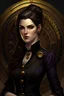 Placeholder: A fantasy Archduchess who is Austere and imposing yet elegant woman with thin, Victorian features, deep violet eyes and long, black, braided hair. She wears a slim black suit with gold accents and has a pin on her chest that is gold in the shape of a clock. She looks angry and cunning.